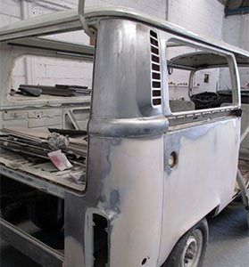 VW campervan body panels filled and sanded to remove remaining defects