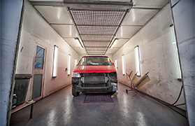 Vw transporter in spray booth ready for full body respray